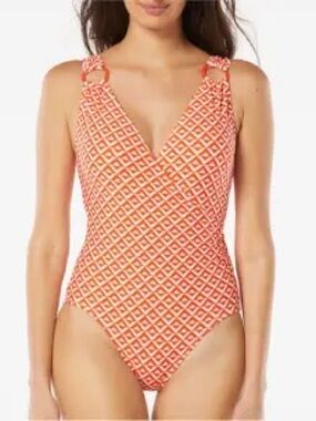 Carmen Marc Valvo Orange and White Geometric One-Piece Swimsuit
